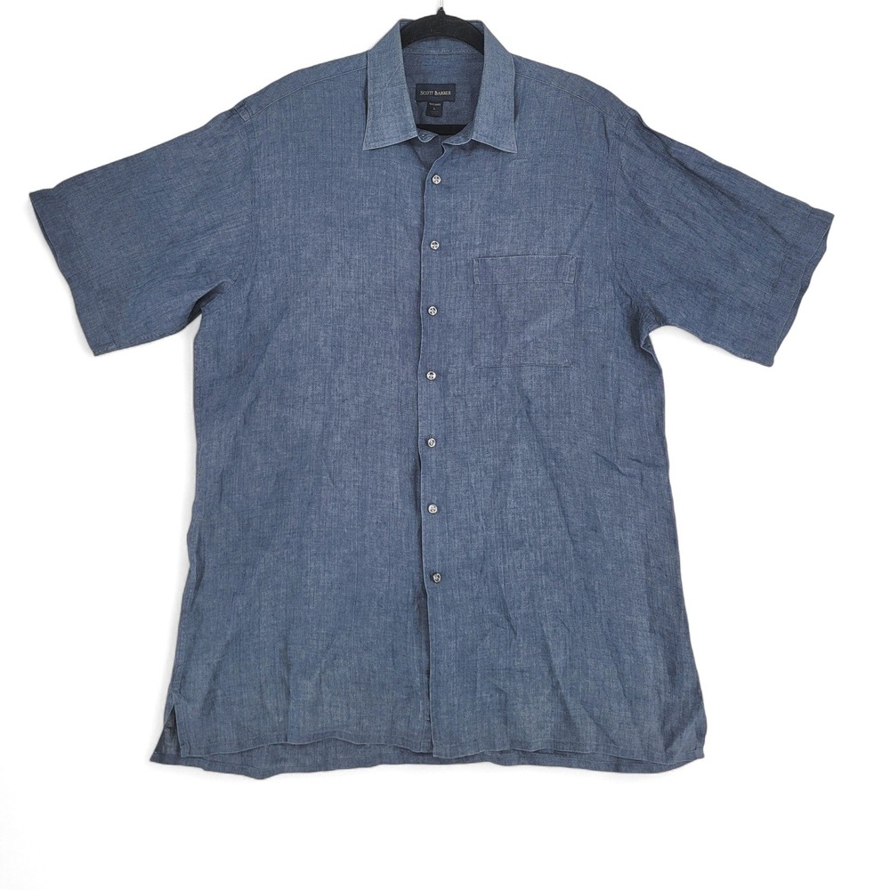 Scott‎ Barber Linen Shirt L Blue Short Sleeve Button Up Coastal Resort EUC